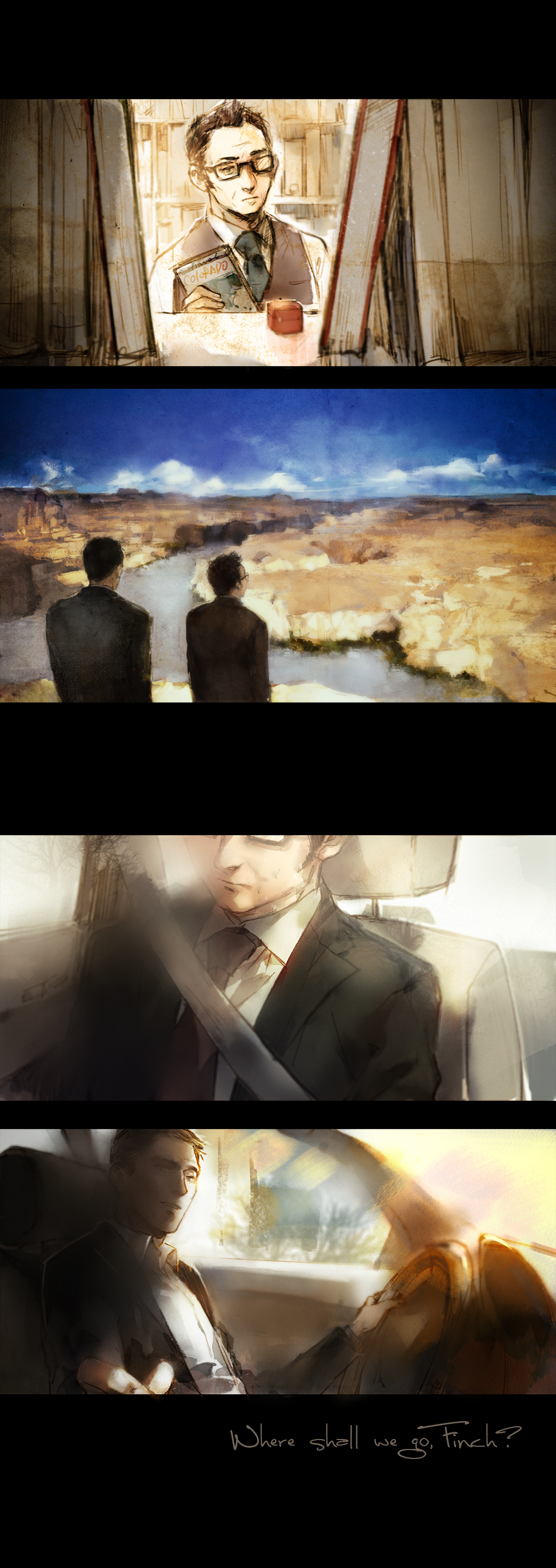 2boys, absurdres, back, black_hair, black_suit, book, car_interior, dark-skinned_male