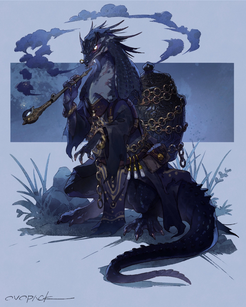 1boy, artist_name, belt_pouch, black_robe, blue_background, bracelet, chain, claws, commentary, cross-shaped_pupils, digitigrade, fewer_digits, from_side, full_body, furry, furry_male, glowing, glowing_eyes, grass, hand_up, highres, holding, holding_smoking_pipe, jewelry, looking_at_viewer, male_focus, murayama_ryouta, night, nose_piercing, original, outdoors, pelvic_curtain, piercing, pouch, reptile_boy, robe, rock, scales, signature, smoke, smoking, smoking_pipe, solo, standing, symbol-shaped_pupils, tail, urn, white_eyes