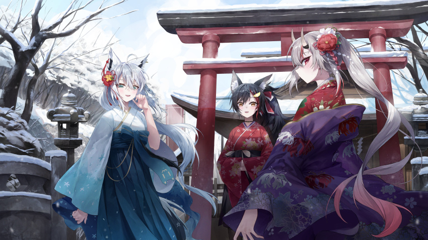 3girls, absurdres, ahoge, animal_ear_fluff, animal_ears, black_hair, blush, braid