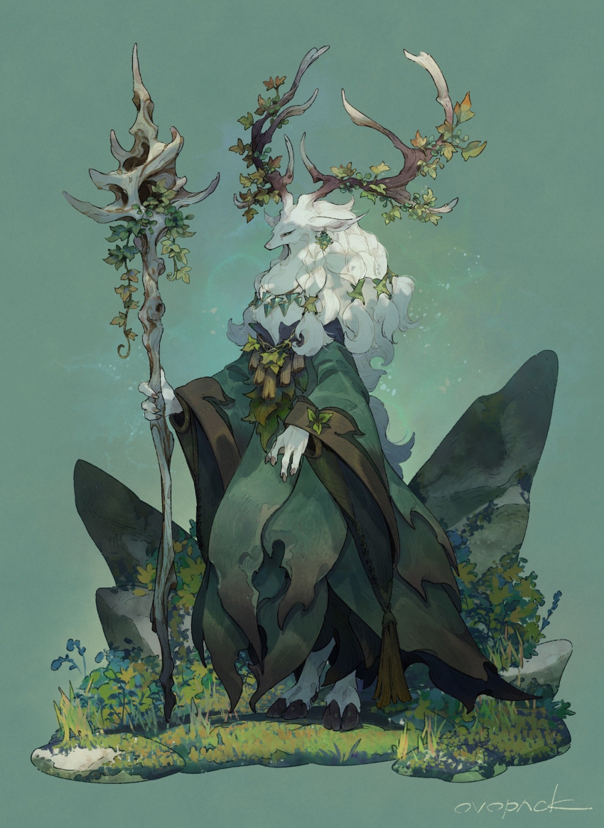 1other, androgynous, animal_ears, antlers, artist_name, body_fur, braid, cloven_hooves