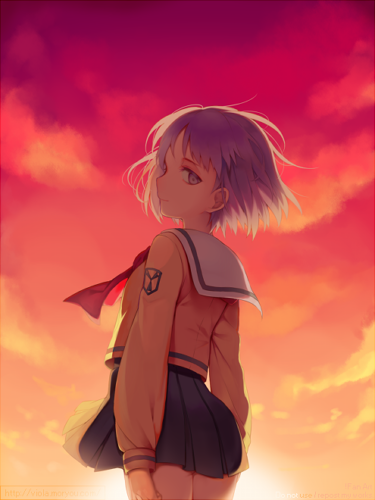 1girl, blue_eyes, blue_hair, cowboy_shot, dusk, empty_eyes, expressionless, leaf_(studio)