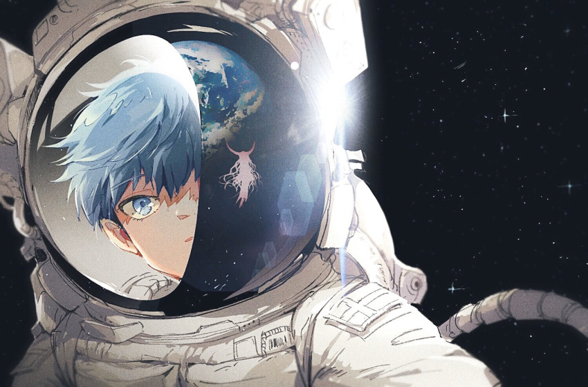 1boy, 1girl, amidura, astronaut, blue_eyes, blue_hair, commentary, earth_(planet)