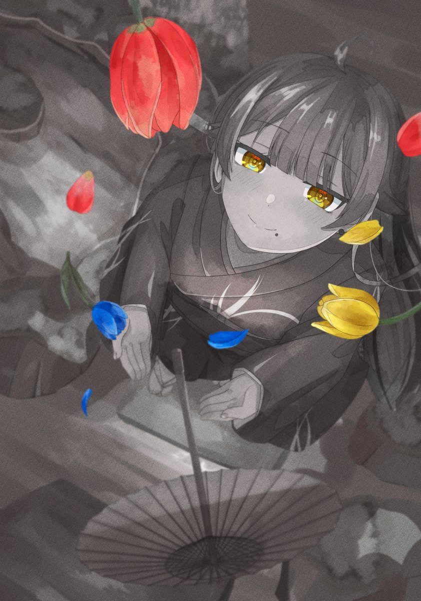 1girl, dress, flower, grey_background, greyscale, h, haribo_no_suke, hatae_taeka