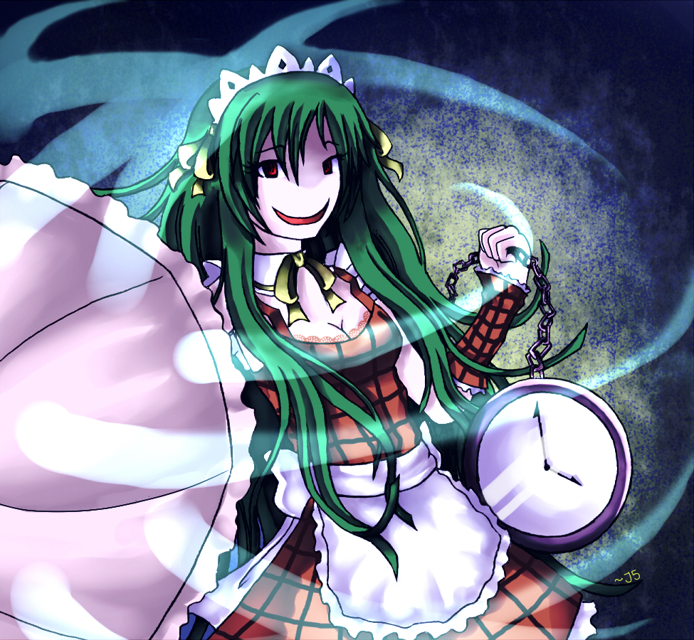 alternate_costume, apron, breasts, chain, cleavage, clock, daigada, enmaided, evil_smile, kazami_yuuka, kazami_yuuka_(pc-98), maid, maid_headdress, no_nose, oversized_object, parasol, plaid_dress, pocket_watch, smile, solo, touhou, touhou_(pc-98), umbrella, watch