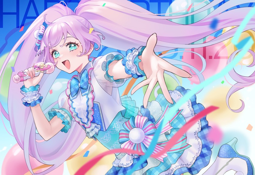 1girl, ahoge, aqua_dress, aqua_eyes, balloon, blue_bow, blue_sky, blurry