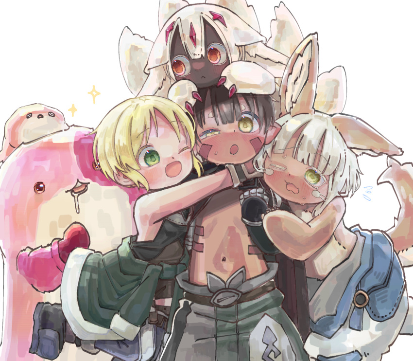 1boy, 2girls, 2others, :<, animal_ears, blonde_hair, brown_eyes, brown_hair