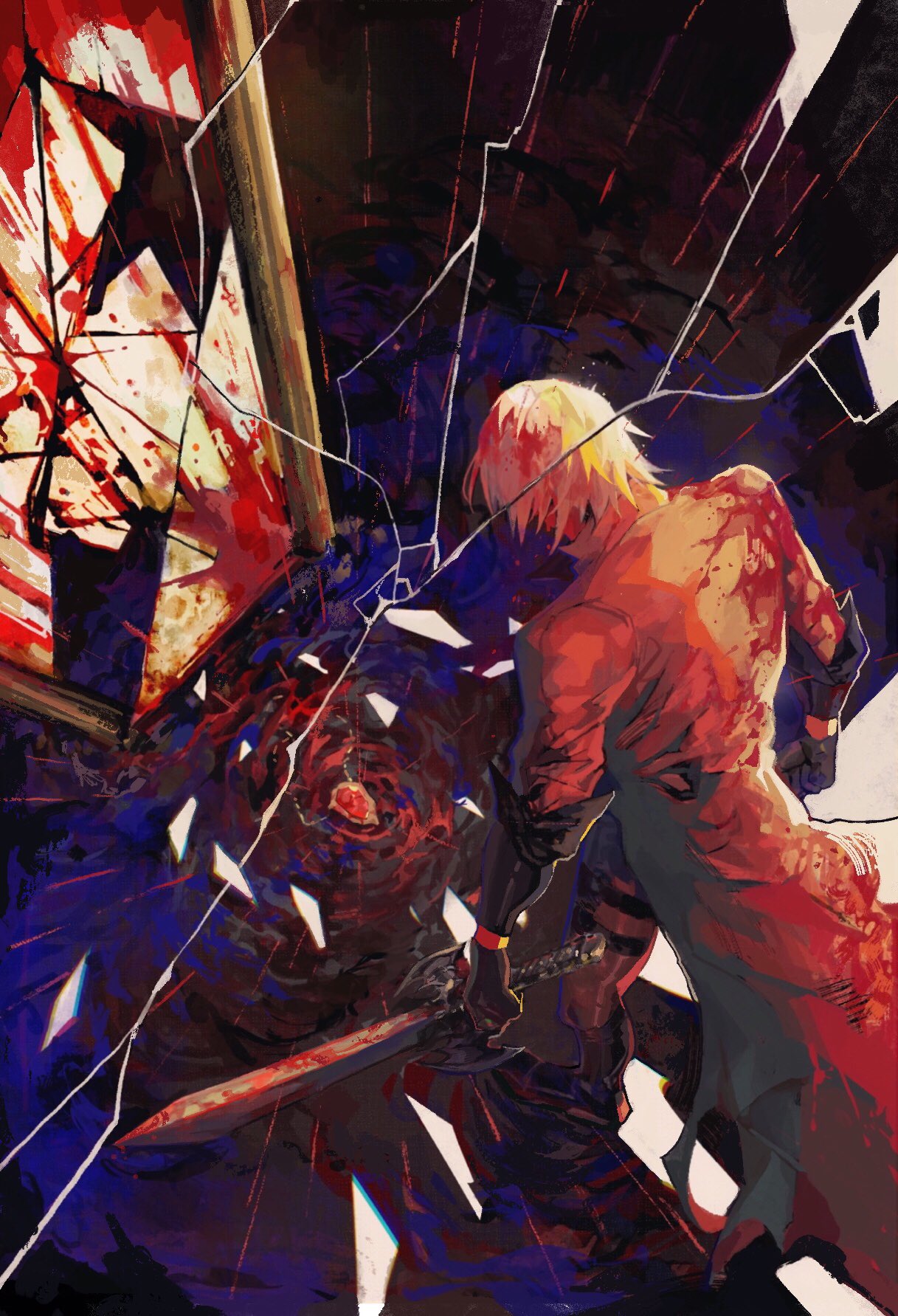 1boy, alastor_(sword), black_gloves, blood, blood_on_clothes, blood_on_weapon, coat, dante_(devil_may_cry), devil_may_cry_(series), devil_may_cry_1, faceless, faceless_male, gloves, highres, holding, holding_weapon, jacket, long_hair, male_focus, red_coat, solo, sword, watergrass2814, weapon, white_hair