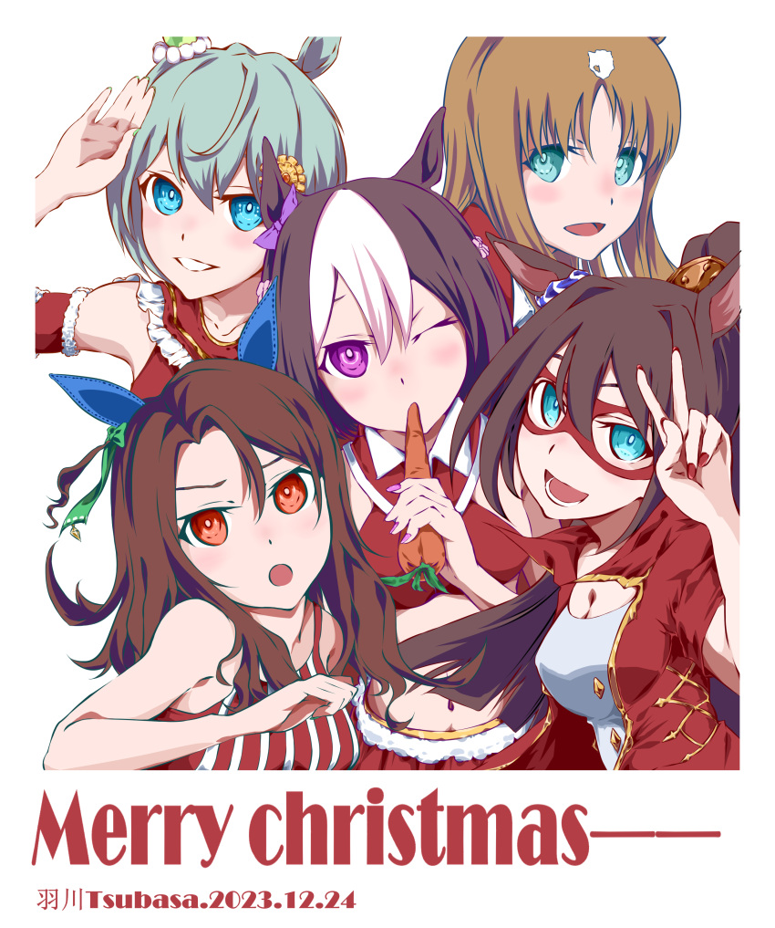 5girls, absurdres, armband, artist_name, blue_eyes, brown_hair, carrot, christmas