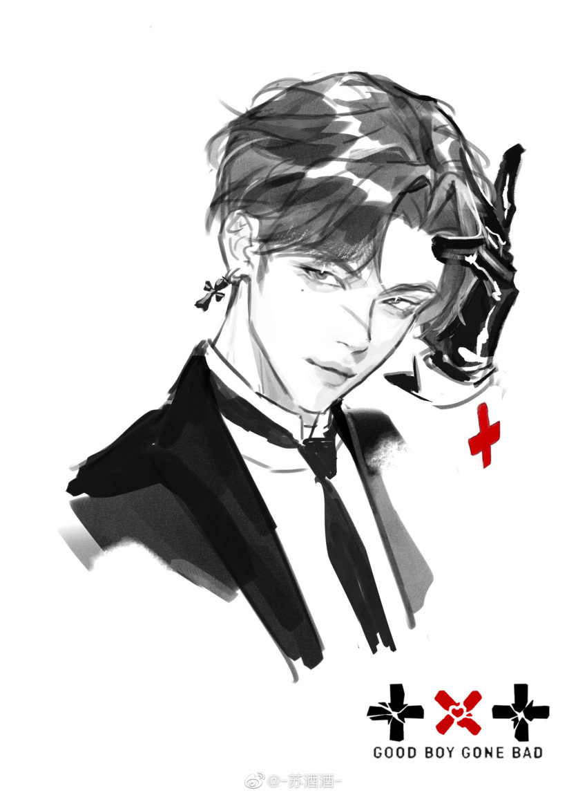 1boy, chinese_commentary, choi_yeonjun, closed_mouth, collared_shirt, commentary_request, cross, cross_necklace, cross_print, disembodied_limb, english_text, eyelashes, gloves, greyscale, hand_on_own_head, highres, jacket, jewelry, k-pop, leather, leather_gloves, light_smile, long_sleeves, looking_at_viewer, male_focus, mole, mole_under_eye, monochrome, necklace, necktie, open_clothes, open_jacket, parted_bangs, real_life, realistic, red_cross, scar, scar_on_face, scar_on_nose, shirt, short_hair, simple_background, solo, spot_color, suit, thick_eyebrows, tomorrow_x_together, upper_body, very_short_hair, watermark, weibo_logo, weibo_username, white_background, zhehua_huan_jiu