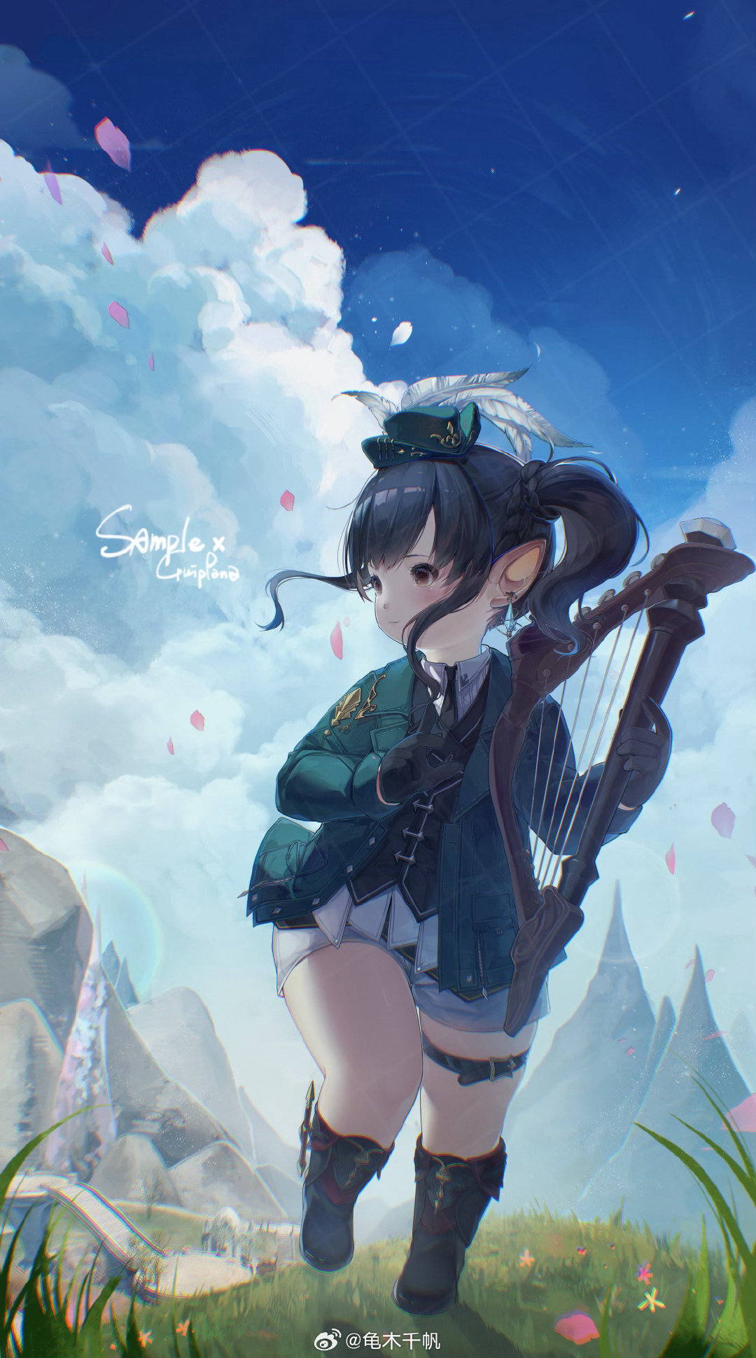 1girl, belt, black_gloves, black_hair, black_necktie, black_vest, blazer, blue_sky