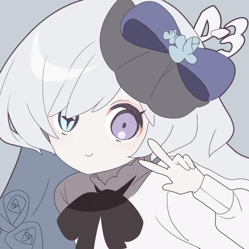 122pxsheol, 1girl, black_ribbon, blue_eyes, blue_hair, clione_myosotis, flower, hair_ornament
