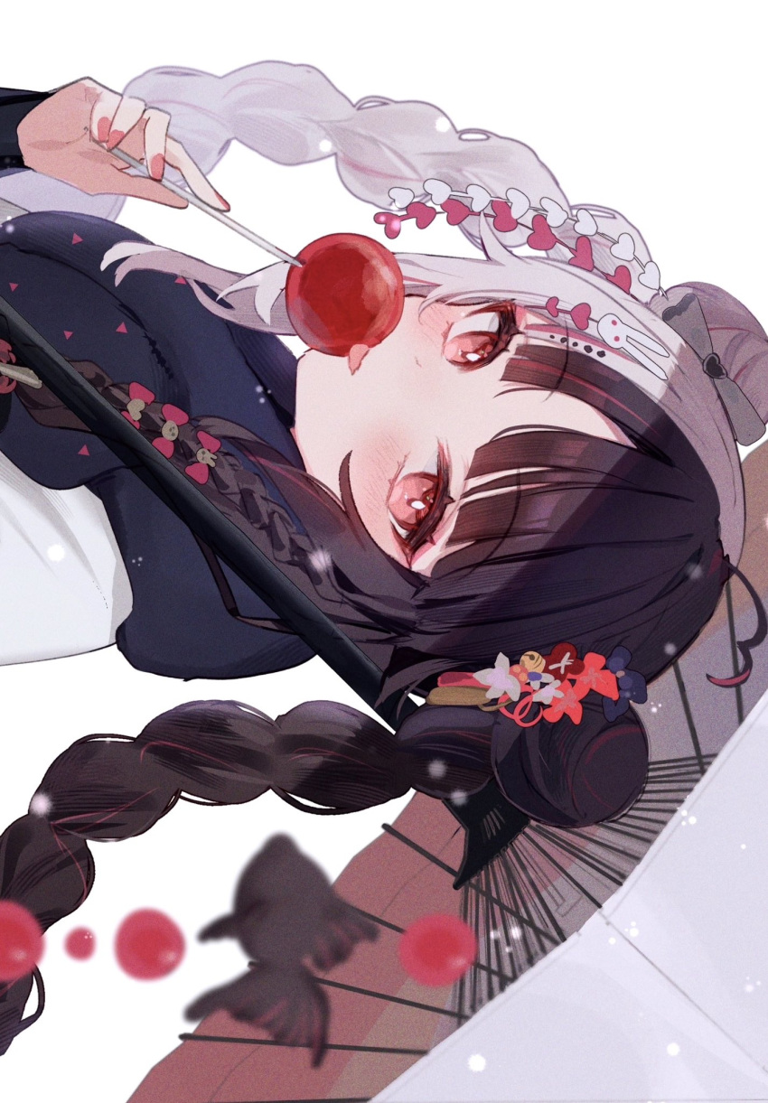1girl, ahoge, black_goldfish, black_hair, braid, bright_pupils, candy, candy_apple, double_bun, eating, eyeshadow, fish, flower, food, from_side, hair_bun, hair_flower, hair_ornament, hand_up, highres, holding, holding_candy, holding_food, japanese_clothes, kimono, long_hair, looking_at_viewer, makeup, multicolored_hair, nijisanji, official_alternate_costume, official_alternate_hairstyle, oil-paper_umbrella, parted_bangs, pink_eyeshadow, pink_hair, pink_nails, rabbit_hair_ornament, red_eyes, simple_background, solo, split-color_hair, streaked_hair, tongue, tongue_out, twin_braids, um5pd, umbrella, virtual_youtuber, white_background, white_hair, white_kimono, white_pupils, yorumi_rena, yorumi_rena_(12th_costume)