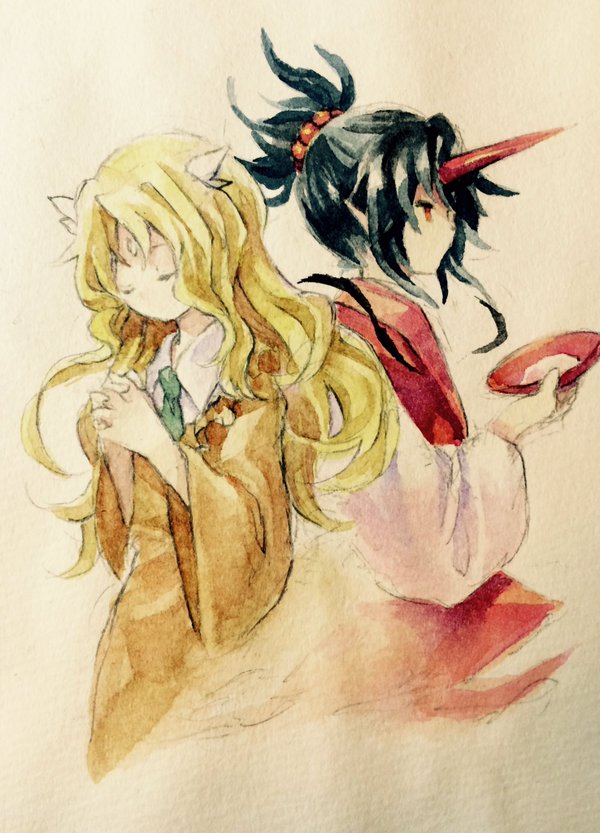 2girls, black_hair, blonde_hair, brown_dress, closed_eyes, collared_shirt, commentary_request, cup