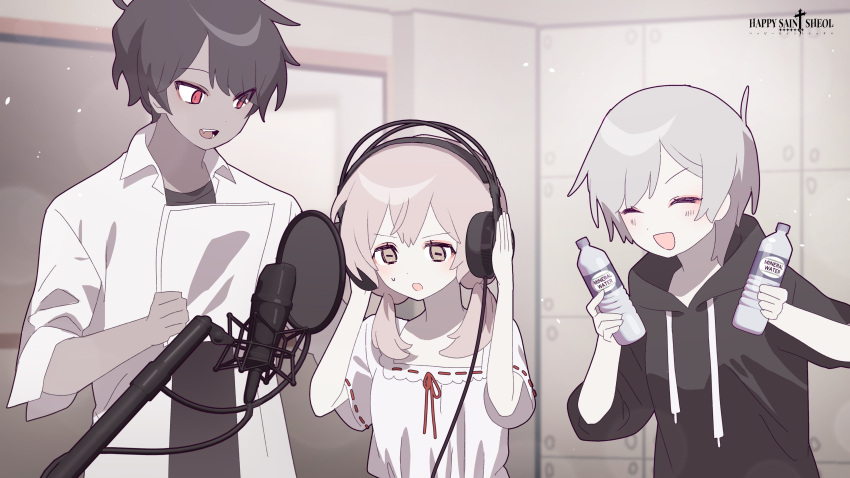 122pxsheol, 1girl, 2boys, :d, :o, ^_^, absurdres, alternate_costume, asymmetrical_hair, belial_(happy_saint_sheol), black_hair, black_hoodie, bottle, closed_eyes, flying_sweatdrops, happy_saint_sheol, headphones, highres, holding, holding_paper, hood, hoodie, horizontal_pupils, maya_elbeth, microphone, multiple_boys, paper, pink_hair, recording_studio, red_ribbon, ribbon, securett_rafe, serious, shirt, short_hair, short_twintails, smile, twintails, water_bottle, white_shirt