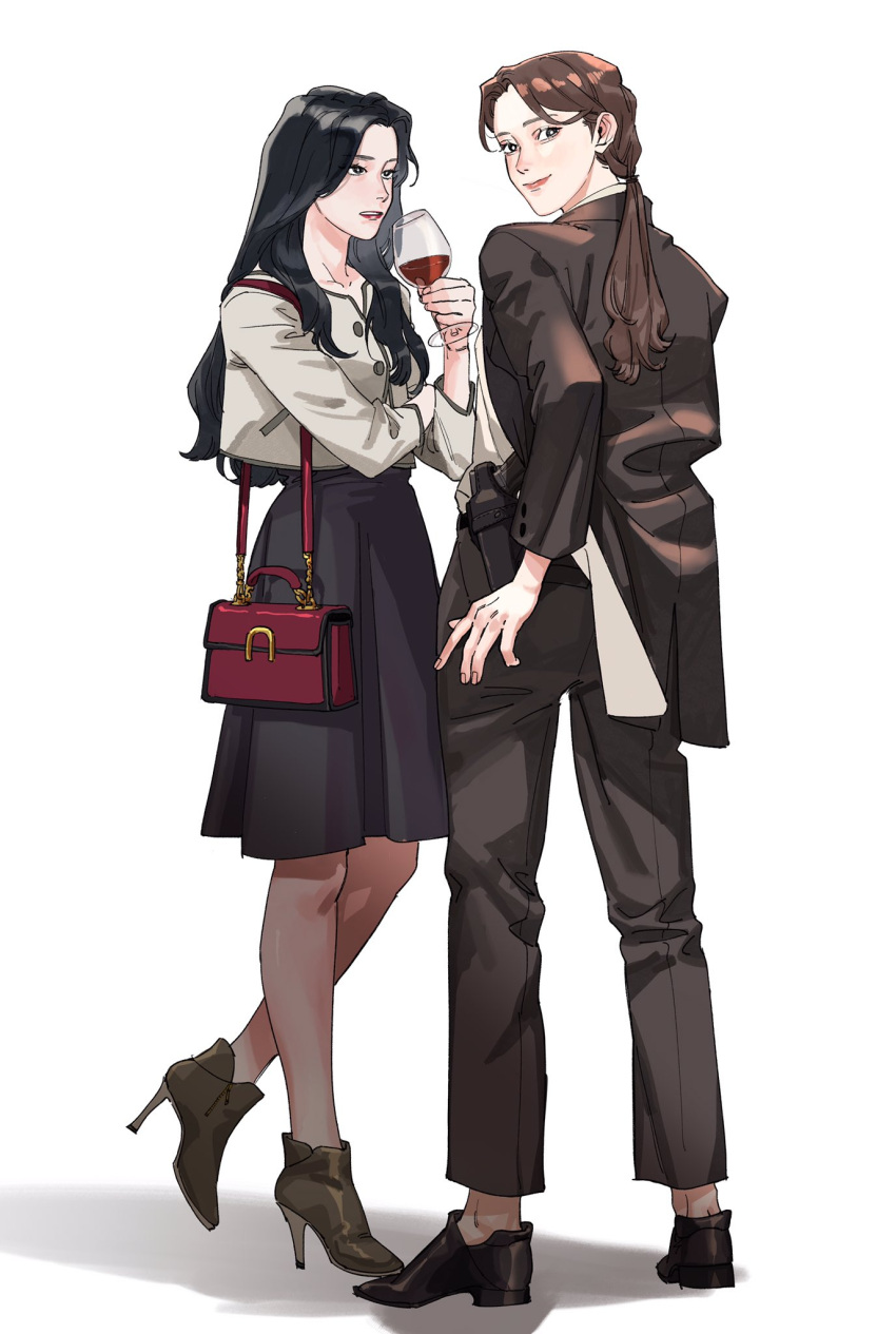 2girls, bag, black_footwear, black_hair, black_jacket, black_pants, black_pantyhose, black_skirt