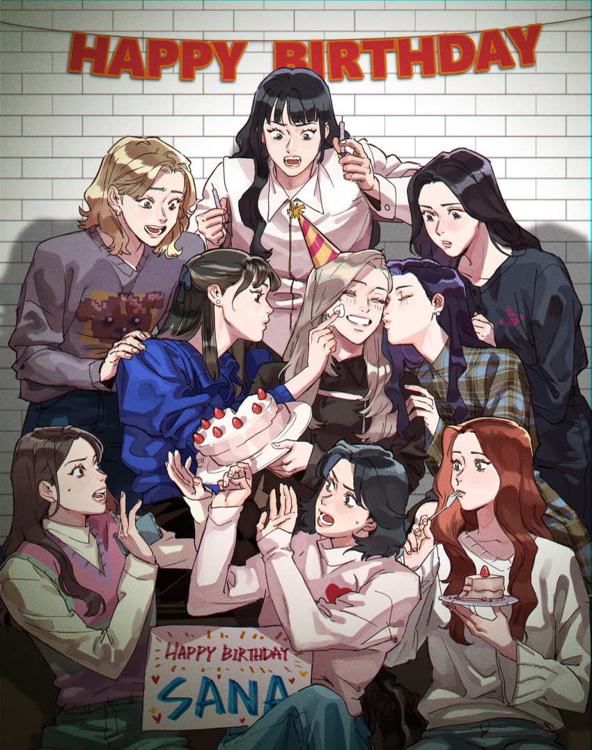 6+girls, black_hair, black_sweater, blonde_hair, blue_jacket, brick_wall, brown_hair, cake