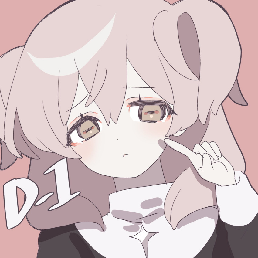 122pxsheol, 1girl, frown, hand_gesture, happy_saint_sheol, highres, horizontal_pupils, maya_elbeth, medium_hair, orange_eyes, pink_hair, portrait, short_twintails, simple_background, solo, turtleneck, twintails