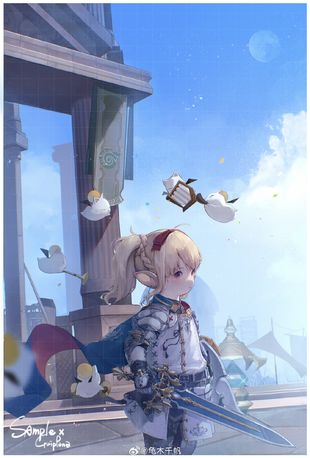 1girl, armor, banner, blonde_hair, blue_cape, braid, cape, closed_mouth