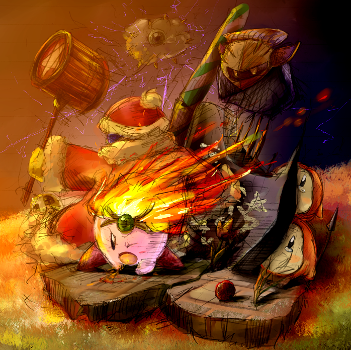 blush_stickers, fire, hammer, king_dedede, kirby, kirby_(series), kracko, meta_knight