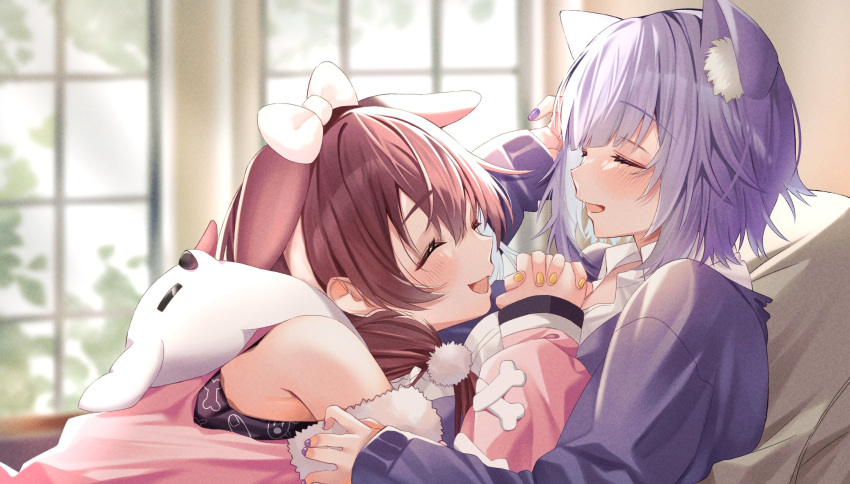 2girls, animal_ear_fluff, animal_ears, black_jacket, blush, bow_hairband, brown_hair, cat_girl
