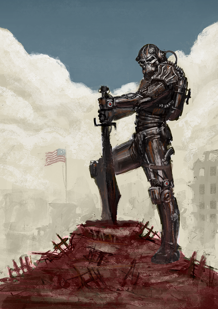 1boy, american_flag, armor, backpack, bag, blue_sky, cityscape, clouds, cloudy_sky, fallout_(series), fallout_4, hill, looking_at_viewer, power_armor, rotaken, sky, sole_survivor_(male), solo, sword, weapon