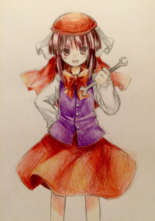 1girl, brown_eyes, brown_hair, buttons, colored_pencil_(medium), commentary_request, cowboy_shot, ex-rika