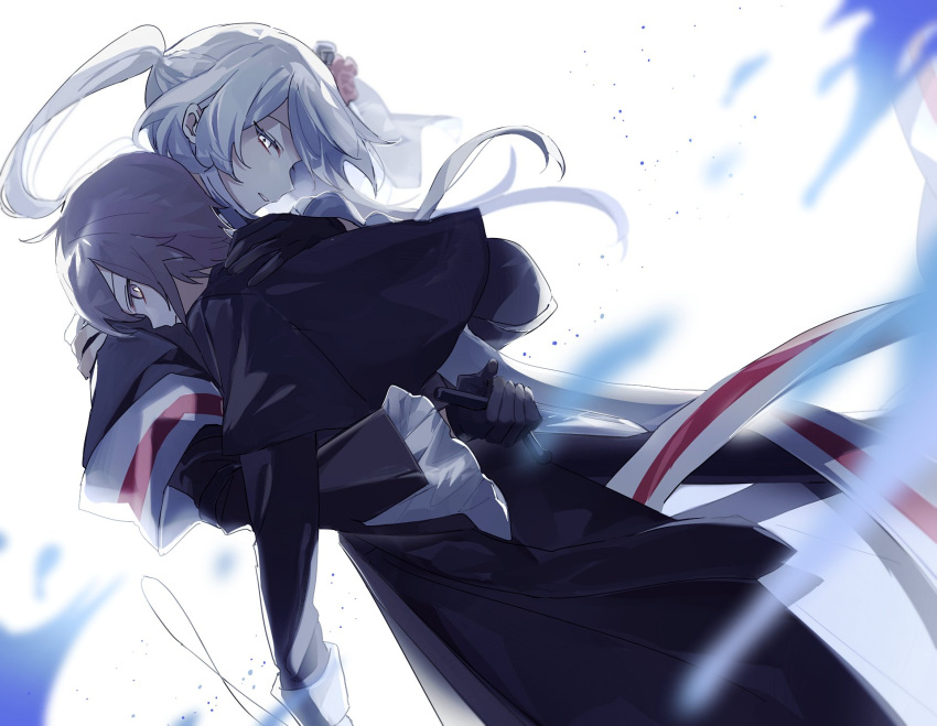 1boy, 1girl, black_gloves, blood, blood_splatter, blue_blood, bright_pupils, capelet, flower, gloves, glowing, glowing_eyes, hair_flower, hair_flowing_over, hair_ornament, haku_eckaran, hand_on_another's_shoulder, happy_saint_sheol, highres, holding, holding_knife, knife, looking_at_viewer, ok_o_o, open_mouth, ponytail, priest, profile, puffy_sleeves, purple_hair, securett_rafe, very_long_sleeves, white_background, white_hair, white_pupils