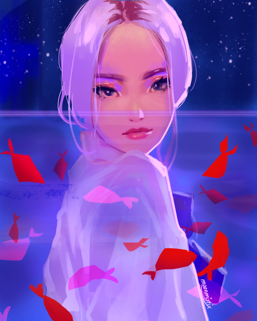 1girl, commentary, english_commentary, eyeliner, eyeshadow, fish, highres, in_water, jinsoul, looking_at_viewer, loona_(group), makeup, moonmistix, neck_ribbon, orange_eyeshadow, ponytail, ribbon, shirt, solo