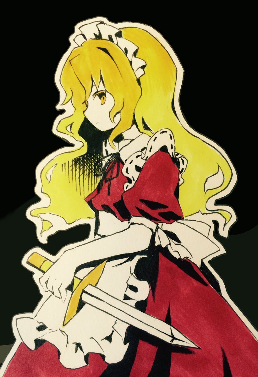 1girl, apron, black_background, black_ribbon, blonde_hair, closed_mouth, collared_dress, colored_eyelashes