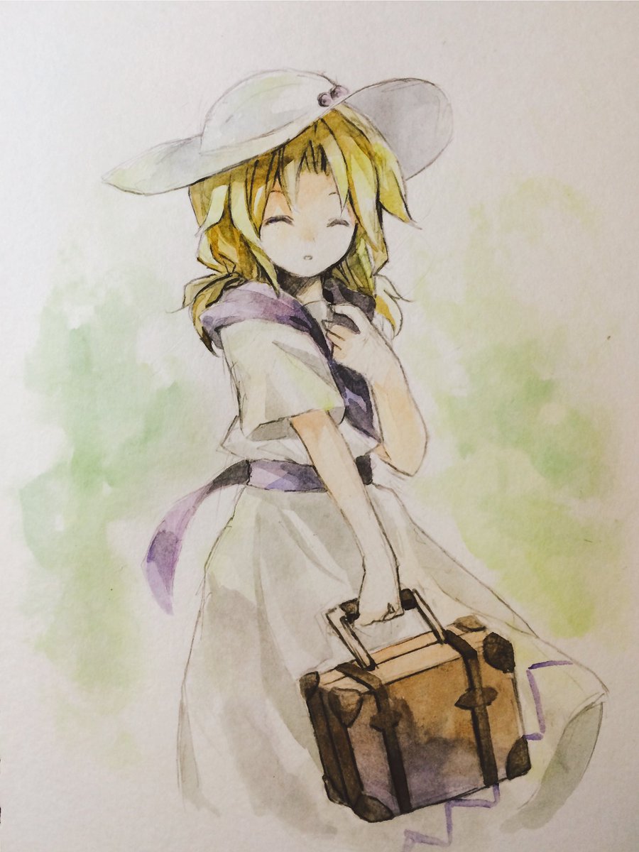 1girl, blonde_hair, closed_eyes, commentary_request, dress, facing_viewer, hand_up, hat
