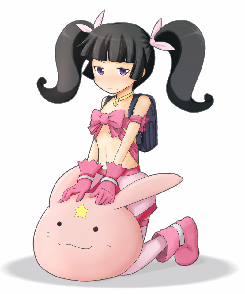 bag, bangs, black_hair, blunt_bangs, blush, boots, bow, bunny