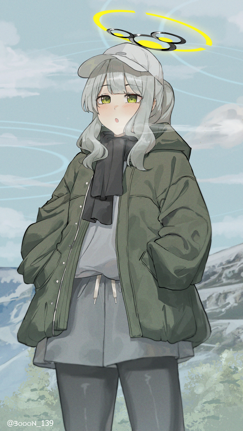 1girl, absurdres, ai-bon, black_pantyhose, black_scarf, blue_archive, blush, cowboy_shot