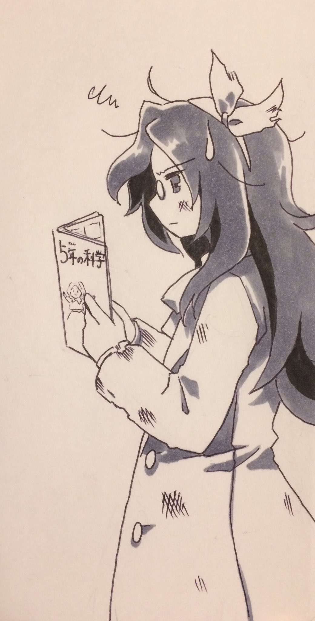 1girl, asakura_rikako, closed_mouth, commentary_request, from_side, glasses, greyscale, hair_ribbon