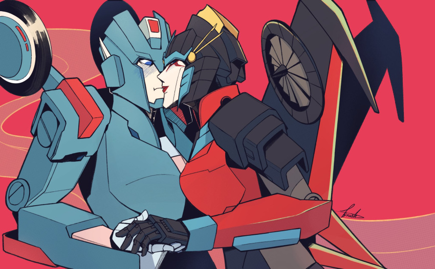 1girl, android, blue_eyes, breasts, brush_(brush2h), chromia, colored_skin, commentary, commission, english_commentary, helmet, highres, holding_hands, humanoid_robot, kiss, mechanical_wings, medium_breasts, red_lips, robot, robot_girl, transformers, windblade, wings, yuri