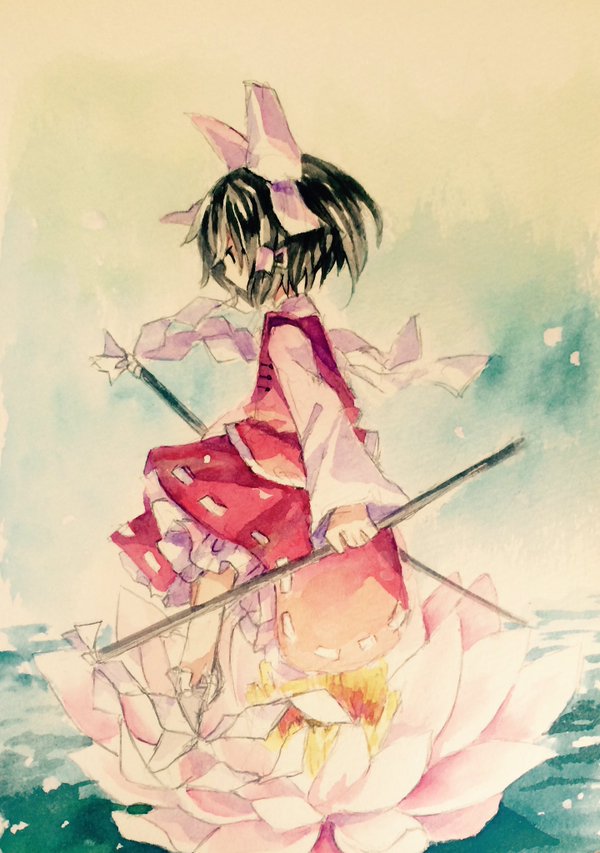 1girl, black_eyes, black_hair, commentary_request, flat_chest, flower, gohei, hair_ribbon, hair_tubes, hakurei_reimu, holding, holding_gohei, kaigen_1025, long_sleeves, lotus, medium_hair, no_shoes, petticoat, pink_skirt, pink_vest, ribbon, ribbon-trimmed_skirt, ribbon_trim, seihou, shirt, skirt, socks, solo, vest, white_ribbon, white_shirt, white_socks