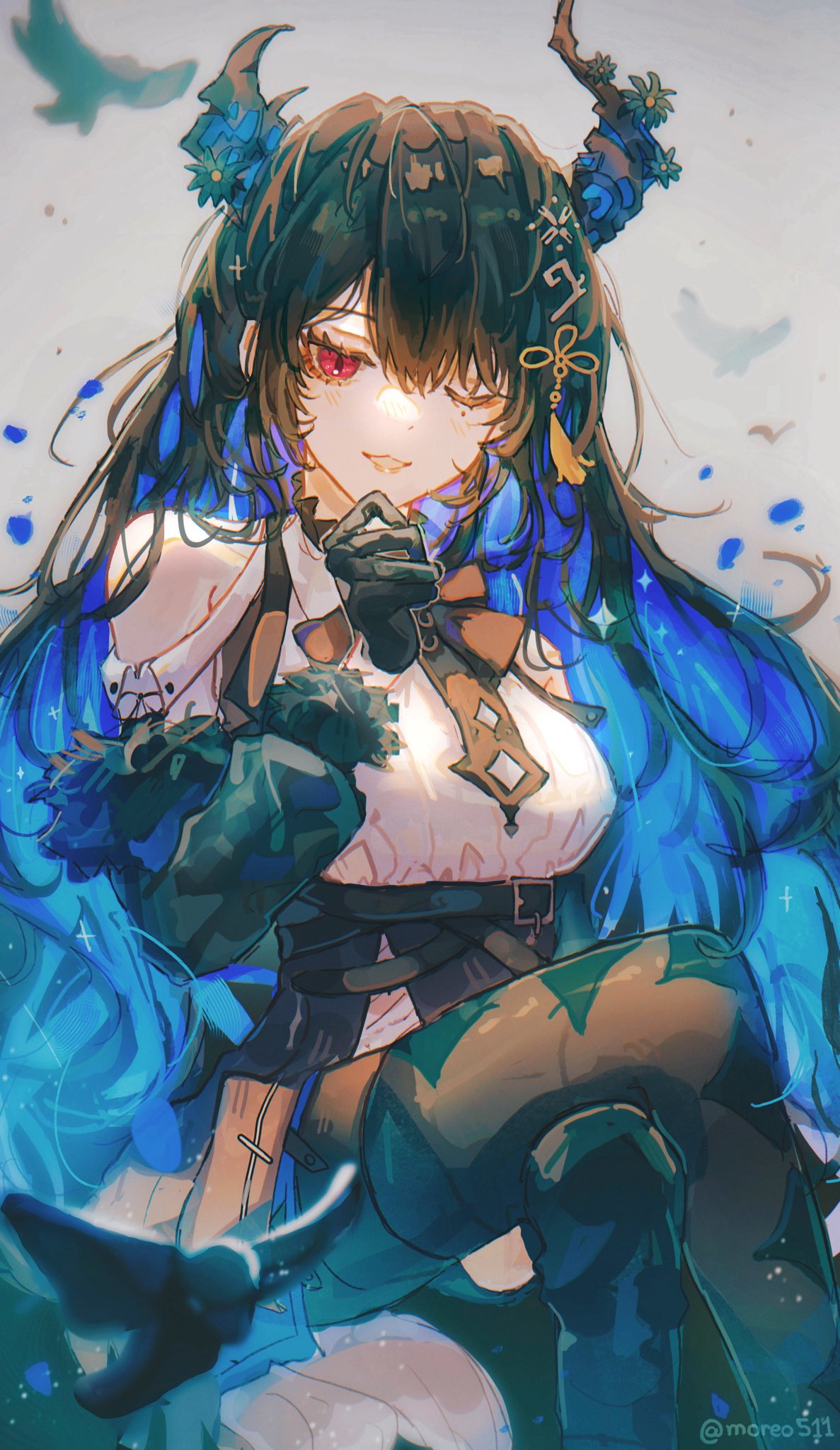 1girl, argyle_pantyhose, asymmetrical_horns, asymmetrical_legwear, black_hair, black_jacket, black_pantyhose, black_skirt, black_thighhighs, blue_hair, breasts, clothing_cutout, collared_shirt, colored_inner_hair, crossed_legs, crystal_horn, demon_horns, english_commentary, feather-trimmed_jacket, framed_breasts, gloves, hair_ornament, highres, hololive, hololive_english, horn_flower, horns, jacket, large_breasts, long_hair, long_sleeves, looking_at_viewer, miniskirt, mole, mole_under_eye, moreo511, multicolored_hair, nerissa_ravencroft, nerissa_ravencroft_(1st_costume), off_shoulder, one_eye_closed, pantyhose, pencil_skirt, red_eyes, shirt, shoulder_cutout, side_slit, single_leg_pantyhose, single_thighhigh, skirt, slit_pupils, smile, solo, tassel, tassel_hair_ornament, thigh-highs, twitter_username, uneven_horns, uneven_legwear, very_long_hair, virtual_youtuber, white_shirt