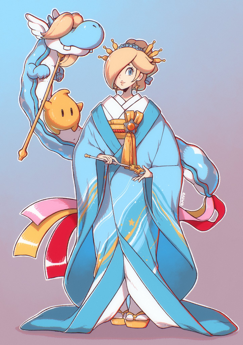 1girl, ancient_dragon_(mario), blonde_hair, blue_background, blue_eyes, blue_kimono, brooch, chinese_zodiac, dragon, earrings, eastern_dragon, full_body, gradient_background, hair_ornament, hair_over_one_eye, highres, holding, holding_wand, japanese_clothes, jewelry, kimono, looking_at_viewer, luma_(mario), pink_background, rosalina, saiwo_(saiwoproject), sandals, socks, solo, star_(symbol), star_brooch, star_earrings, super_mario_bros., updo, wand, white_socks, year_of_the_dragon