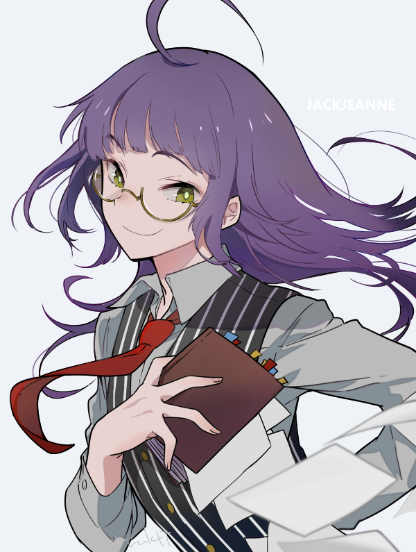 1boy, ahoge, bishounen, book, bright_pupils, closed_mouth, collared_shirt, copyright_name