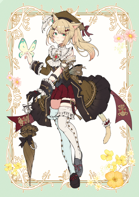 1girl, animal_ears, arm_strap, asymmetrical_gloves, asymmetrical_sleeves, black_footwear, black_gloves, blonde_hair