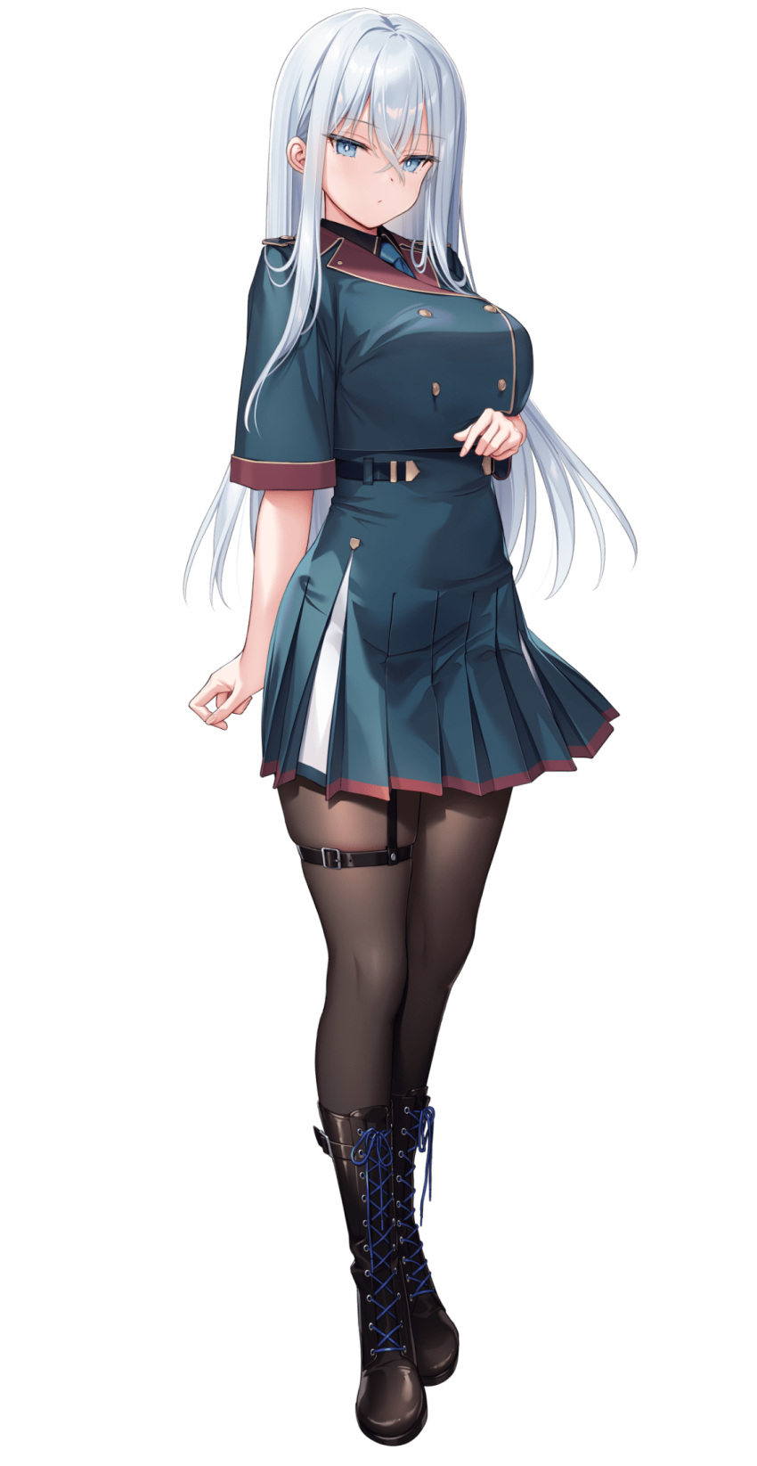 1girl, blue_eyes, blue_hair, boots, breasts, collared_shirt, full_body, green_jacket, green_necktie, green_skirt, highres, jacket, knee_boots, large_breasts, light_blue_hair, long_hair, mignon, moriya_miku, necktie, official_art, otome_sekai_no_arukikata, pantyhose, pleated_skirt, shirt, skirt, transparent_background