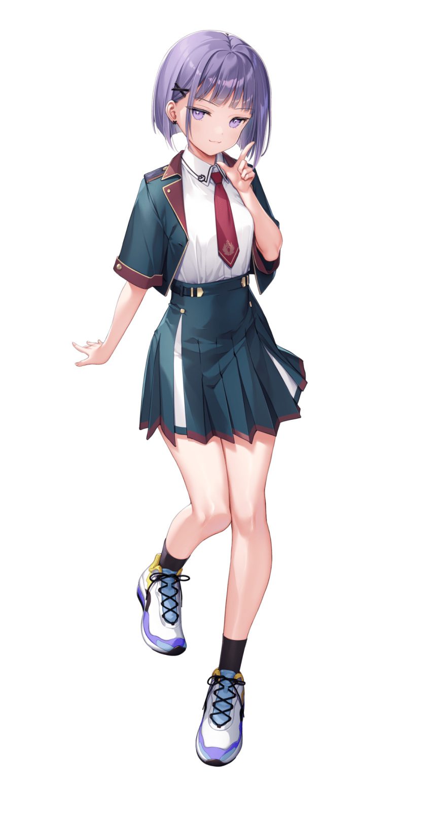 1girl, collarbone, earrings, full_body, green_jacket, green_skirt, hair_ornament, hairclip