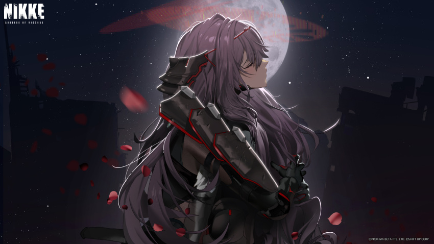 1girl, absurdres, armor, bodysuit, closed_eyes, closed_mouth, copyright_name, from_side