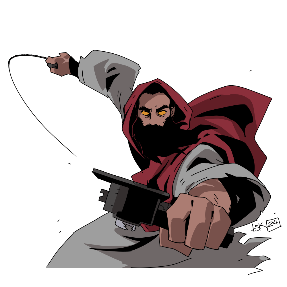 1boy, beard, beyblade, beyblade_(object), black_hair, character_request, facial_hair, hood, hooded_robe, looking_at_viewer, orange_eyes, red_hood, ripcord, robe, short_hair, simple_background, solo, the_bible, toy, tskmartinsen, white_background, white_robe