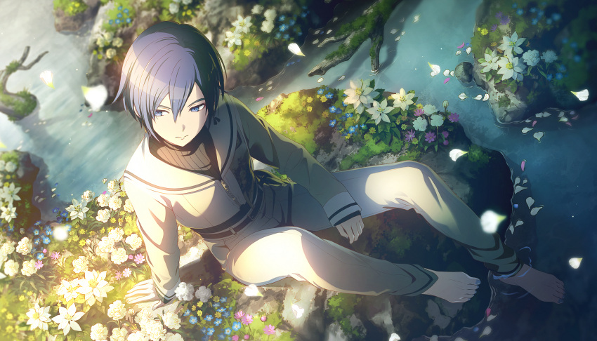 1boy, 25-ji_kaito, 25-ji_nightcord_de._(project_sekai), ano_hi_kanadeta_neiro_wo_(project_sekai), arm_at_side, arm_support, backlighting, barefoot