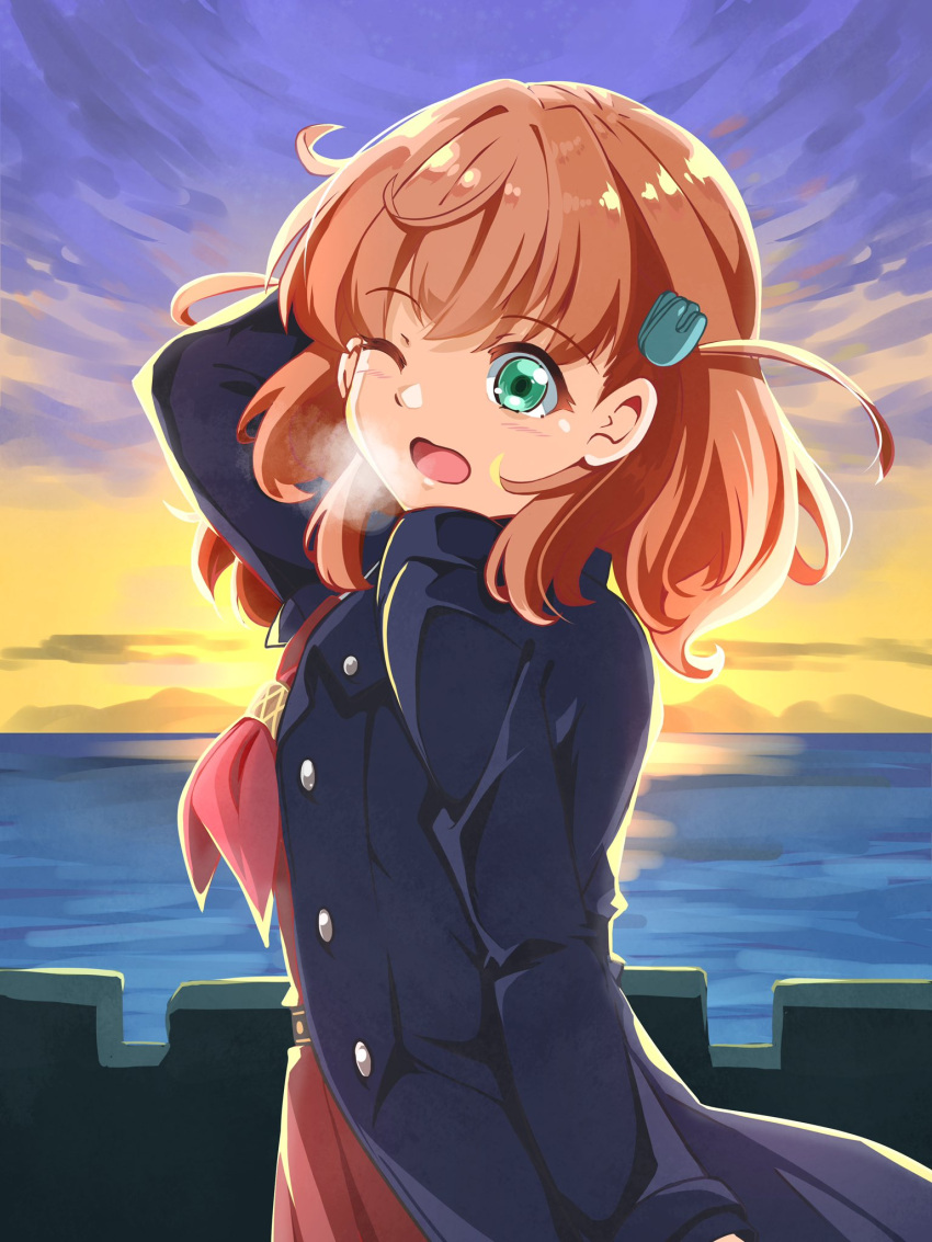 1girl, arm_up, blue_coat, brown_serafuku, coat, dawn, fog, from_side, green_eyes, hasu_no_sora_school_uniform, highres, hinoshita_kaho, link!_like!_love_live!, long_sleeves, looking_at_viewer, love_live!, matsurugi_tsukasa, medium_hair, neckerchief, one_eye_closed, open_clothes, open_coat, open_mouth, orange_hair, red_neckerchief, school_uniform, seaside, serafuku, side_ahoge, solo, winter_uniform