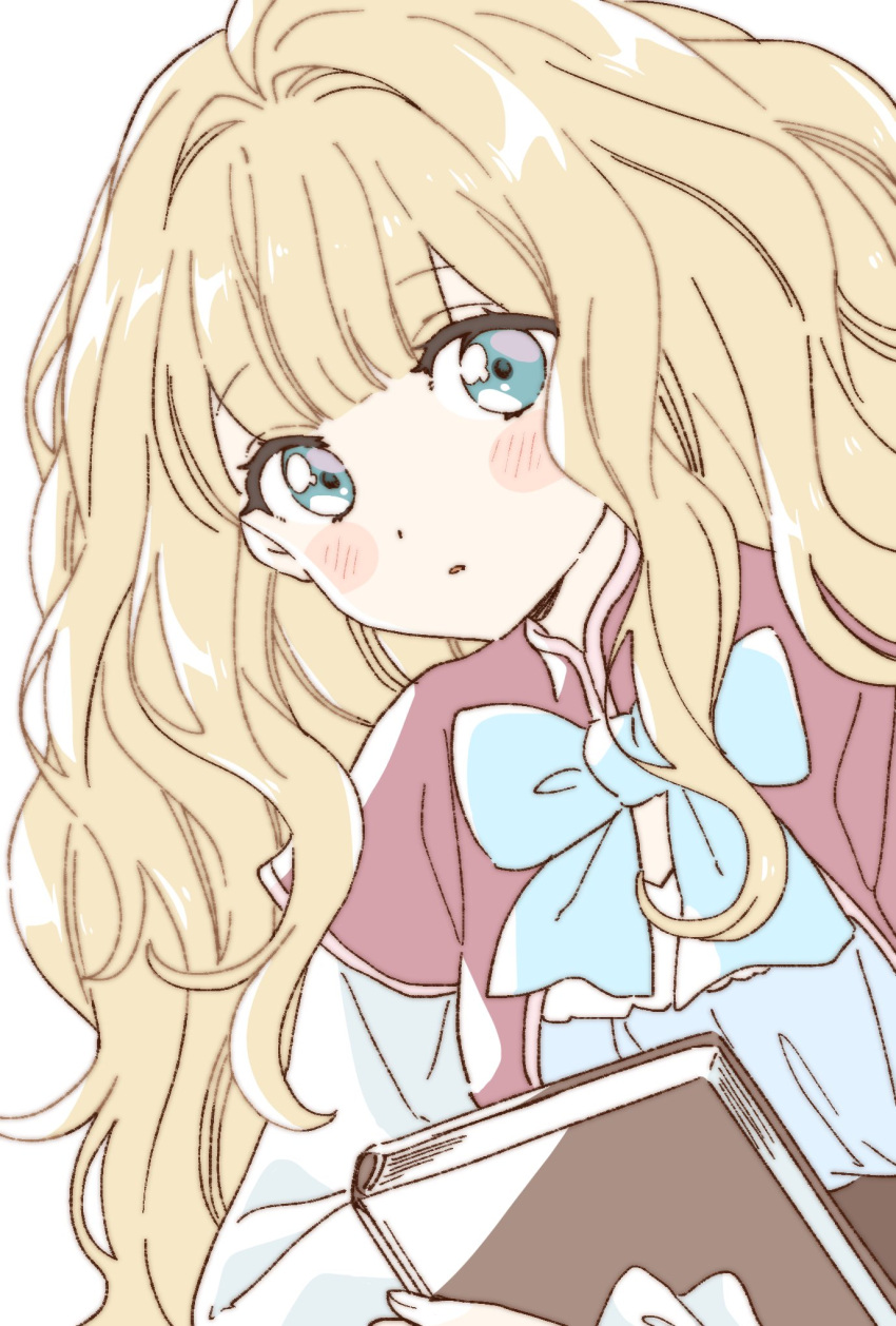 1girl, aqua_bow, aqua_eyes, blonde_hair, blush_stickers, book, bow, capelet