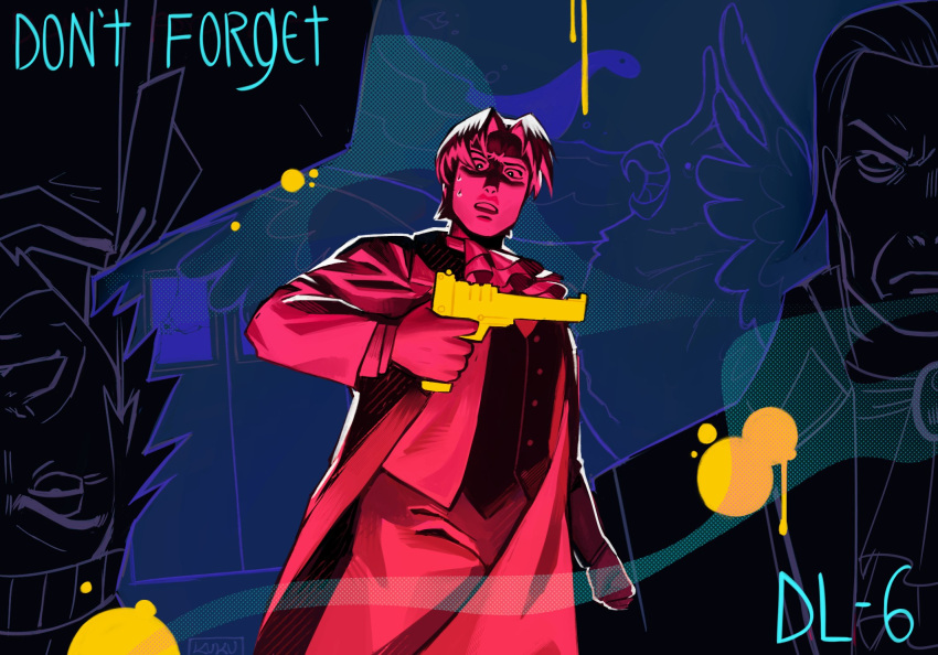 2boys, ace_attorney, ascot, english_text, gun, handgun, highres, holding, holding_gun, holding_weapon, jacket, kukustar_(kukuu), limited_palette, long_sleeves, looking_at_object, male_focus, manfred_von_karma, miles_edgeworth, multiple_boys, pants, polly_(ace_attorney), shaded_face, short_hair, signature, sweatdrop, vest, weapon