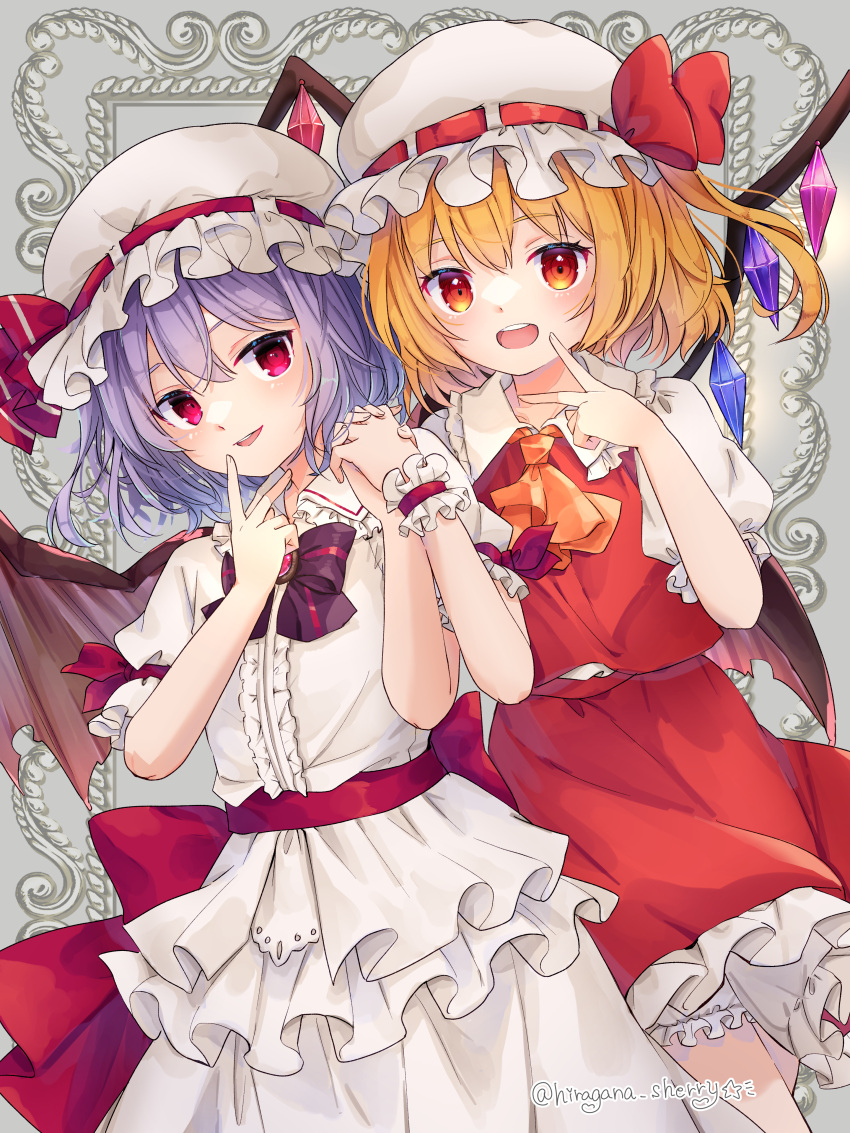 2girls, absurdres, ascot, bat_wings, black_bow, blonde_hair, bloomers, blue_hair