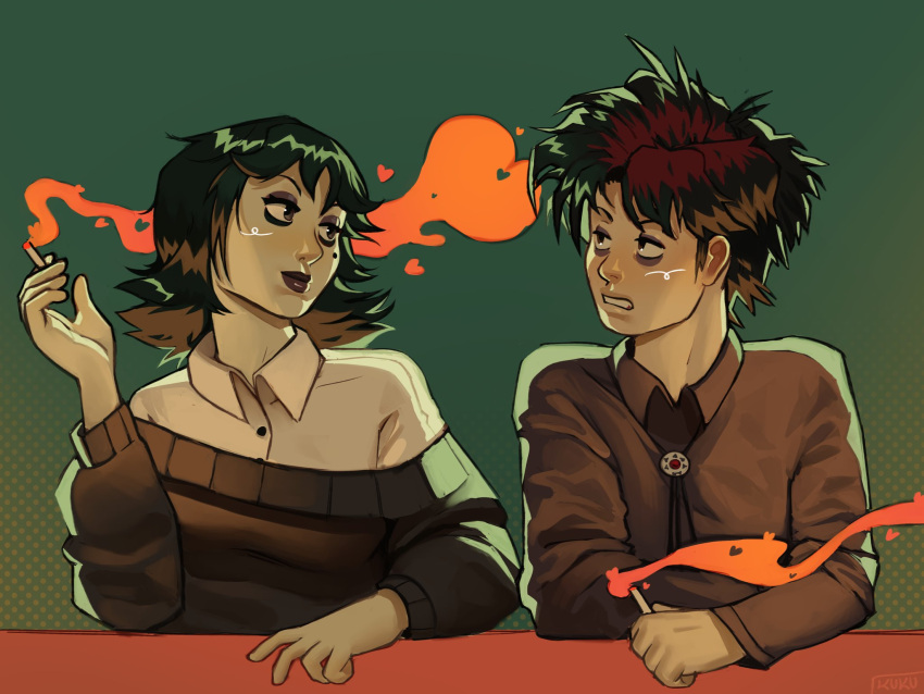 1boy, 1girl, aged_up, arm_on_table, between_fingers, black_lips, black_sweater, bolo_tie