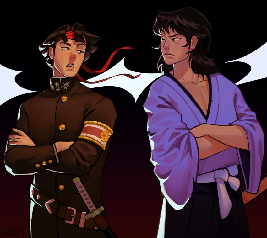 2boys, ace_attorney, armband, belt, black_hair, black_hakama, collarbone, crossed_arms